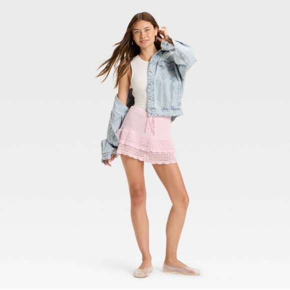 Wild Fable Skirt Women’s Crochet Knit Tiered Mini Drawstring Cotton XL Pink - Picture 3 of 9